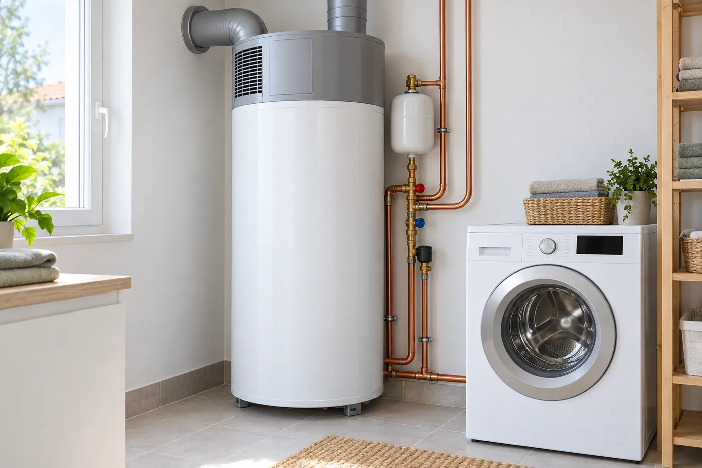 Chauffe-eau thermodynamique installé dans une buanderie, à côté d'un lave-linge