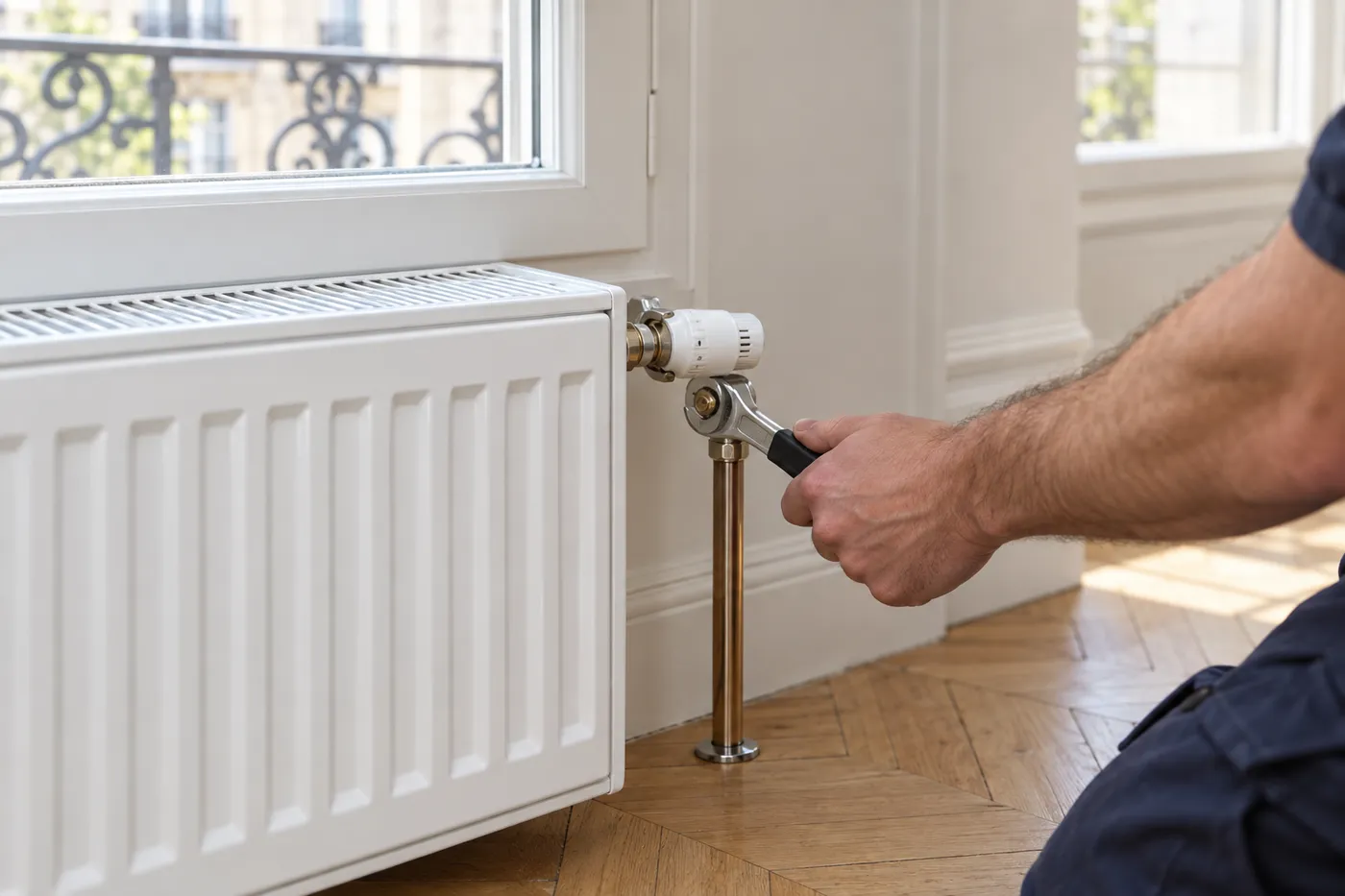 Réglage du robinet thermostatique d'un radiateur en acier sous une fenêtre