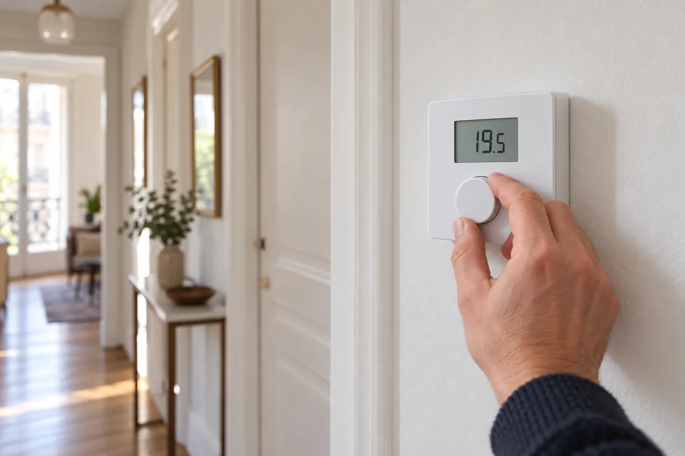 Réglage d'un thermostat d'ambiance mural affichant 19,5 degrés